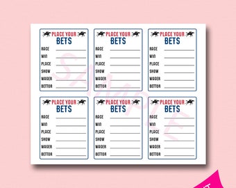 Juego de 6 tarjetas de apuestas de carreras de caballos, imprimibles, boleto de apuestas, haga sus apuestas, archivo digital, fiesta de Belmont, apostador, descarga, quiniela