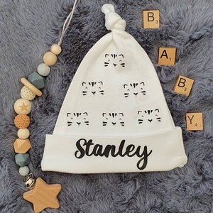 Personalised Baby Boy / Girl white knotted hat new baby gift cat design