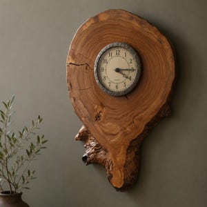 Live Edge Elm Burl Clock, Glossy Lacquered Wood Statement Piece, 14.5" Rustic Wall Art