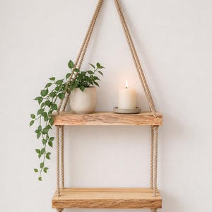 Live Edge Solid Elm Hanging Rope Shelf • Premium Wood Floating Bookshelf • Rustic Boho Plant Hanger • Two Tier Eco-Friendly Wall Decor