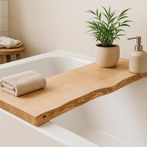 May include: A wooden bath tray with a live edge spans a white bathtub. A rolled beige towel, a small potted plant, and a beige soap dispenser sit on the tray. The bathroom has a neutral colour palette.