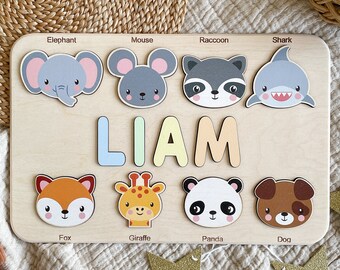 Personalized Name Puzzle with Animals - Baby, Toddler, Kids Toys - Wooden Toys - Baby Shower - Christmas Gifts - First Birthday Girl and Boy
