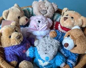 Ten pounds Teds. Hand knitted tiny jumper in various styles comes with a little Teddy bear keyring of your choice.