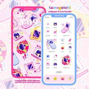 May include: A digital illustration featuring a pink and blue smartphone interface with a Tamagotchi theme. The phone displays custom icons and a matching wallpaper. The background is a repeating pattern of retro handheld game devices.