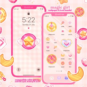May include: Pink smartphone screens displaying a "magic girl" wallpaper and icon bundle. The screens feature a star and moon theme with app icons. Text on the screen includes "@oakfrogs", "5:22 Sunday 31 July", and "compatible with iphone, android, ipad, desktop & more!"