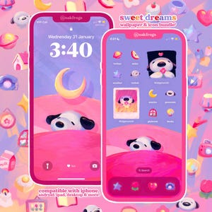 May include: A pink and purple phone wallpaper and icon bundle with a cartoon dog sleeping on a pink bed. The phone displays the time, date, and app icons. Text on the image reads "sweet dreams wallpaper & icon bundle!" and "compatible with iphone, android, ipad, desktop & more!"