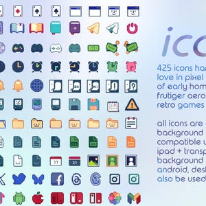 May include: A collection of 425 pixel art icons featuring various symbols, tech devices, folders, and social media logos. The text reads: icons 4/4, 425 icons hand-drawn with love in pixel art, all icons are available with 20 background colors.