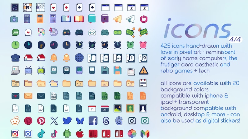 May include: A collection of 425 pixel art icons featuring various symbols, tech devices, folders, and social media logos. The text reads: icons 4/4, 425 icons hand-drawn with love in pixel art, all icons are available with 20 background colors.
