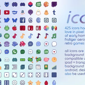 May include: A collection of 425 pixel art icons featuring various social media, technology, and gaming symbols in a grid layout. The text reads icons 2/4, 425 icons hand-drawn with love in pixel art, and details regarding background compatibility.