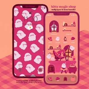 Può includere: Due smartphone che mostrano un tema abbinato. Uno mostra un motivo di fantasmi rosa, l'altro una scena di negozio di streghe. Il testo recita "kitty magic shop wallpaper & icon bundle!" e "compatible with iPhone, android, ipad, desktop & more!"