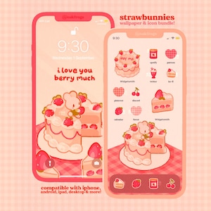 Strawberry Bunny Icon Pack iOS iPhone iPad Tablet Android Desktop Wallpaper Theme (Digital Download)