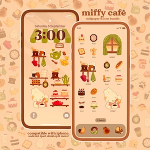 Peut inclure: Un écran de téléphone affiche un pack de fonds d'écran et d'icônes "miffy café". Le fond d'écran présente un personnage de lapin et des icônes sur le thème du café. L'heure est 3h00. Le fond est un motif d'icônes de nourriture.