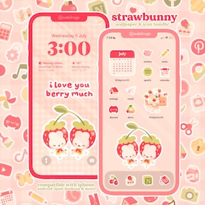 Könnte beinhalten: Ein rosa Handy-Bildschirm zeigt ein Wallpaper und ein Icon-Bundle zum Thema Erdbeere. Der Sperrbildschirm zeigt eine Uhr, ein Datum und den Satz "i love you berry much". Der Startbildschirm zeigt App-Symbole und einen Kalender.