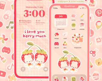 Strawberry Bunny Icon Pack iOS iPhone iPad Tablet Android Desktop Wallpaper Theme (Digital Download)