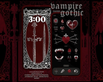 Peut inclure: Un pack de fonds d'écran et d'icônes numériques avec une palette de rouge foncé et noir, incluant des motifs d'épées argentées, des cœurs, des crocs et des éléments gothiques. Le texte indique vampire gothic, 3:00 et 100% HUMAN-MADE WITH LOVE <3.