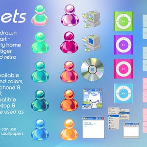 May include: A collection of 65 pixel art digital widgets featuring glossy rounded figures in various colors, miniature computer icons, portable music players, handheld gaming consoles, and window interface elements with text overlays.