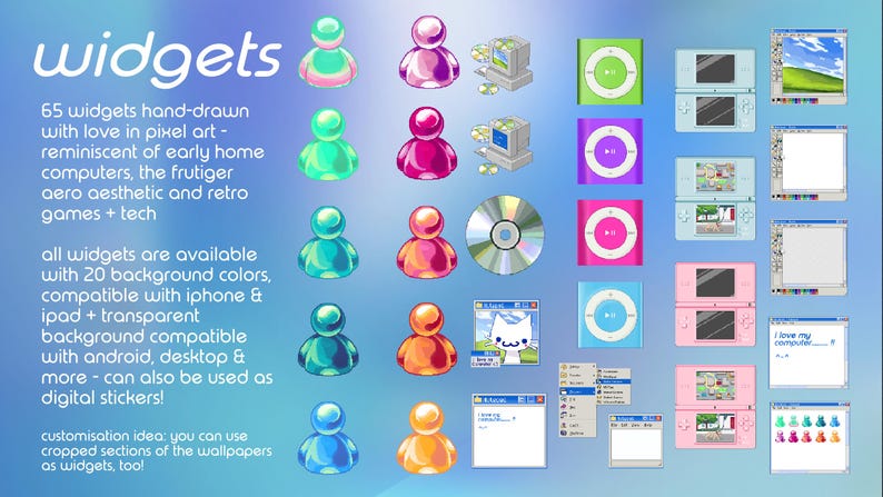 May include: A collection of 65 pixel art digital widgets featuring glossy rounded figures in various colors, miniature computer icons, portable music players, handheld gaming consoles, and window interface elements with text overlays.