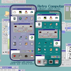 May include: Two smartphones displaying a retro computer operating system interface with pixelated icons, windowed menus, and taskbars. The screens feature classic desktop elements like Solitaire, Paint, and Notepad, set against a light blue background.