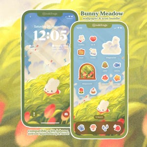 May include: Two smartphones displaying a digital wallpaper and icon bundle titled Bunny Meadow. The screens feature a soft, painterly illustration of a white bunny in a green grassy field with red tulips, blue sky, and various small app icons.