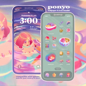 May include: Digital artwork showing a phone with a custom wallpaper and icon bundle. The lock screen displays a woman in a pool. The home screen features themed icons. Text reads "ponyo wallpaper & icon bundle!" on a pastel background.