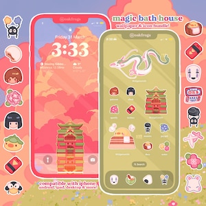 Puede incluir: Un paquete de fondos de pantalla e iconos titulado magic bath house que muestra dos pantallas de smartphone con iconos de aplicaciones personalizados, una ilustración de dragón y un gráfico de casa de baños sobre nubes rosas.