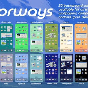 May include: A digital collection of 20 smartphone and desktop interface themes featuring retro computer icons, widgets, and wallpapers. The display shows various colorways including transparent, green, pink, blue, black, and white backgrounds.