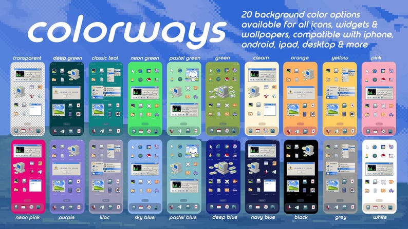 May include: A digital collection of 20 smartphone and desktop interface themes featuring retro computer icons, widgets, and wallpapers. The display shows various colorways including transparent, green, pink, blue, black, and white backgrounds.