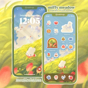May include: Two smartphones displaying a custom home screen theme. The theme, labeled "miffy meadow," features a cartoon bunny in a meadow scene. The screens show custom icons and a matching wallpaper. The text "compatible with iphone, android, ipad, desktop & more!" is also visible.