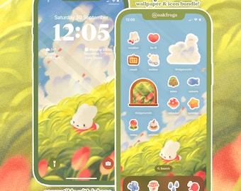Bunny Meadow Icon Pack, iOS iPhone, iPad, Tablet, Android, Desktop Wallpaper theme (Digital Download)