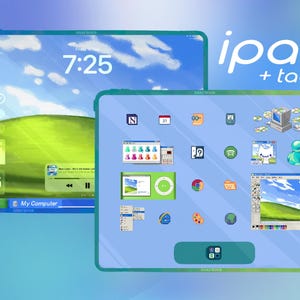 May include: Two tablets displaying a retro computer operating system interface. The left screen shows a green hill wallpaper with a taskbar and clock. The right screen features various desktop icons, application windows, and the text ipad + tablet.