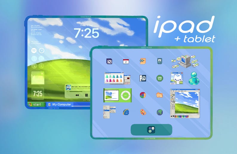 May include: Two tablets displaying a retro computer operating system interface. The left screen shows a green hill wallpaper with a taskbar and clock. The right screen features various desktop icons, application windows, and the text ipad + tablet.