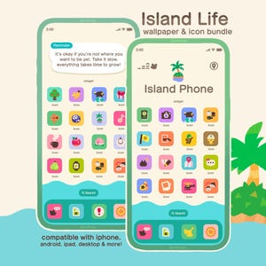 Op de afbeelding: Een digitaal behang- en icoonpakket genaamd Island Life, met twee smartphoneschermen met groene randen. De schermen tonen kleurrijke app-iconen, een herinneringswidget met tekst en een zoekbalk. Rechts staat een palmboomafbeelding.