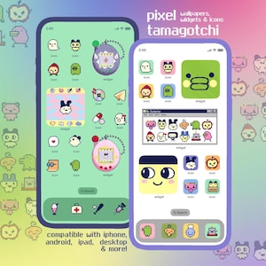 May include: Two smartphones displaying a pixelated Tamagotchi theme. The screens showcase custom icons, widgets, and wallpapers. The background features pixel art characters and the text "pixel wallpapers, widgets & icons tamagotchi".