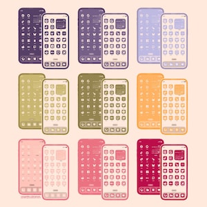Peut inclure: Neuf smartphones de différentes couleurs, chacun avec une paire assortie. Les téléphones affichent des icônes d'applications personnalisées dans une grille. Les couleurs incluent le violet, le bleu, le vert, l'orange, le rose et le rouge. Le texte "compatible with iphone" est en bas.