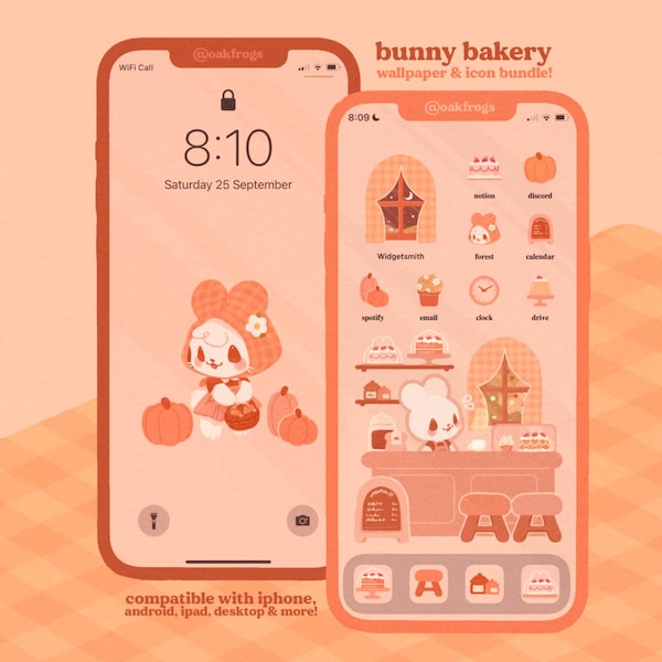 Bunny Bakery Icon Pack iOS iPhone iPad Tablet Android Desktop Wallpaper Theme (Digital Download)