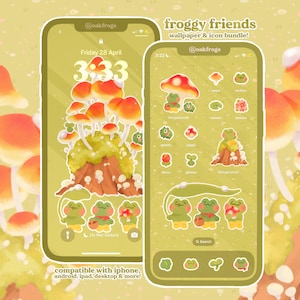 Puede incluir: Dos pantallas de teléfono que muestran un fondo de pantalla verde con ilustraciones de hongos y ranas. El texto "froggy friends wallpaper & icon bundle!" está en la parte superior. Las pantallas muestran iconos de aplicaciones y una pantalla de bloqueo con la fecha y la hora.