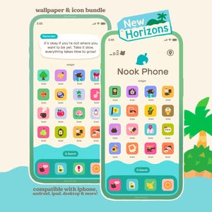 Op de afbeelding: Twee smartphoneschermen met een aangepaste wallpaper- en iconenbundel. De schermen hebben een turquoise en wit ontwerp met kleurrijke app-iconen. Eén scherm toont de tekst "Reminder" en een motiverende quote. De andere toont "Nook Phone".