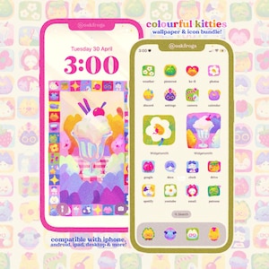 May include: Two smartphones showcasing a colourful wallpaper and icon bundle. The lock screen features a sundae illustration, and the home screen displays app icons. Text reads "colourful kitties wallpaper & icon bundle!" and "compatible with iphone, android, ipad, desktop & more!"