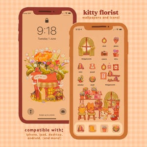 以下が含まれることがあります： 花屋をテーマにした2台のスマートフォン。1つは花のあるお店、もう1つはアイコンを表示しています。テキストは「kitty florist wallpapers and icons!」と「compatible with: iphone, ipad, desktop, android, and more!」と表示されています。