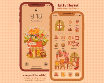 Kitty Florist Icon Pack iOS iPhone iPad Tablet Android Desktop Wallpaper Theme (Digital Download)