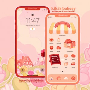May include: Two smartphones displaying a pink and peach-colored bakery-themed wallpaper and icon bundle. The lock screen shows a house illustration. The second phone displays bakery icons and a menu. The background features flowers.