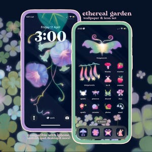 May include: Two smartphones displaying a floral-themed wallpaper and icon set. The screens show a dark background with stylized flowers and icons. The text "ethereal garden wallpaper & icon set" is visible.