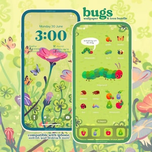 Könnte beinhalten: Ein digitales Hintergrundbild- und Icon-Paket in Grüntönen mit Illustrationen von Raupen, Schmetterlingen und Früchten. Das Display zeigt einen Sperrbildschirm mit Blumenmuster und einen Startbildschirm mit verschiedenen Insekten-App-Icons.
