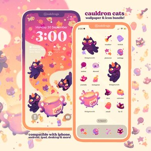May include: Two smartphones with a matching theme. The screens show a purple and orange design with cat and cauldron illustrations. The text "cauldron cats wallpaper & icon bundle!" is visible. The bottom of the screen reads "compatible with iphone, android, ipad, desktop & more!"