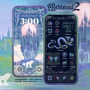 以下が含まれることがあります： Medieval 2と題されたデジタル壁紙とアイコンのセットで、ダークブルーとパープルのカラーパレットが特徴です。城のシルエット、満月、白いユニコーン、そしてモバイルデバイス向けの様々な中世風のアプリアイコンがデザインに含まれています。