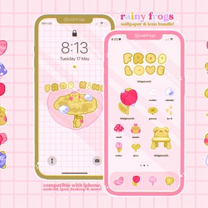 Könnte beinhalten: Ein rosa Handy-Bildschirm zeigt ein Frosch-Themen-Hintergrundbild mit dem Text "FROO LOVE". Das Bild enthält verschiedene Symbole zum Thema Frosch und die Worte "rainy frogs wallpaper & icon bundle!". Die Uhrzeit ist 8:13.
