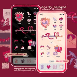 May include: A digital wallpaper and icon bundle with a Valentine's Day theme. The image features two smartphones displaying app icons and widgets. The background is a deep red with decorative elements like hearts, swords, and envelopes. Text includes "anti-valentine" and "valentine".