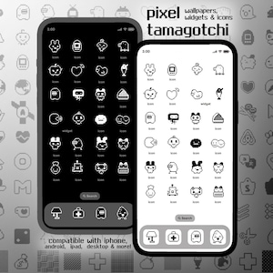 May include: Two smartphones displaying pixelated icons and widgets. The text "pixel wallpapers, widgets & icons tamagotchi" is at the top. The bottom of the image reads "compatible with iPhone, android, iPad, desktop & more!"