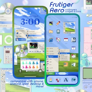 May include: A digital illustration featuring two smartphones displaying a retro-style user interface with the text "Frutiger Aero wallpapers, widgets & icons." The interface includes icons, windows, and a start menu, with the text "compatible with iphone, android, ipad, desktop & more!"