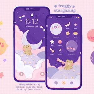 May include: Two smartphones displaying a purple and pink theme with a frog and celestial illustrations. The text "froggy stargazing" is at the top. The background is a light pink grid pattern with cartoon planets and stars.